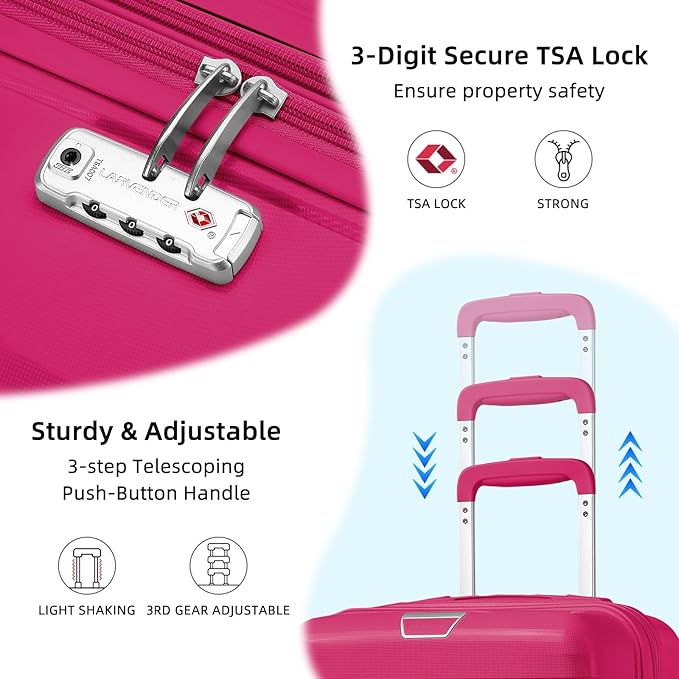 LARVENDER Luggage Sets 3 Piece, Hardside PP Carry On Suitcase with 360° Spinner Wheels TSA Lock Luggage Sets for Women, Beetroot Purple