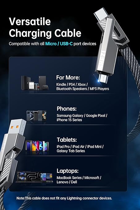 [One is Enough] 4-in-1 USB C to Micro Cable, Micro High-Speed Charging & Fast Data Transfer,CarPlay & Android Auto Support Multi Charger Cord Combo/Type C/USB A for iPhone/Samsung/iPad,5FT