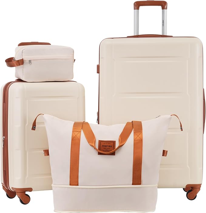 Merax Luggage Set 2 Piece Suitcase Sets with Spinner Wheel,Lightweight Hardside Expandable Travel Laggage with TSA Lock,Suitcase with Travel Bag(20"/28",Khaki & Brown)