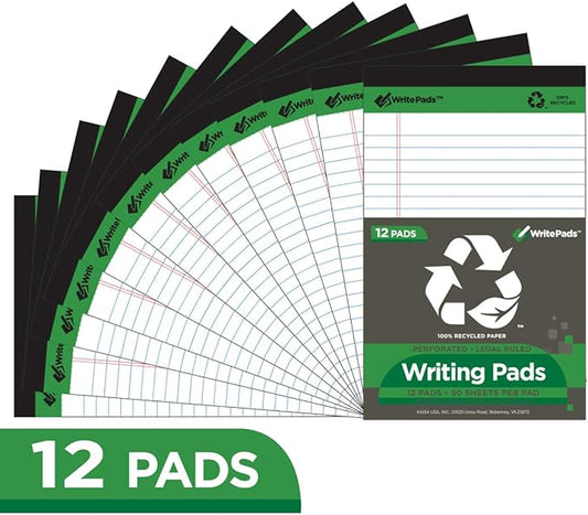 KAISA White Legal Pads Writing Pads Recycled Paper 5"x8" Narrow Ruled Lined Paper Small Legal pad Perforated 50 sheets Hard Back Notepads Writing Tablet For Office Supplies Study (White 12pads)