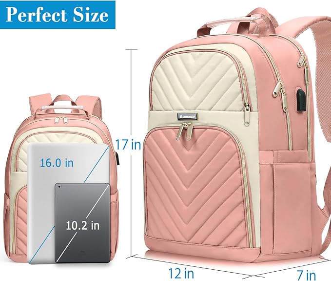 Backpack for Women, School Backpacks for Teen Girls, Stylish Cute Laptop Backpack, Teacher Student College Bookbags with USB Charging Port, Beige & Pink