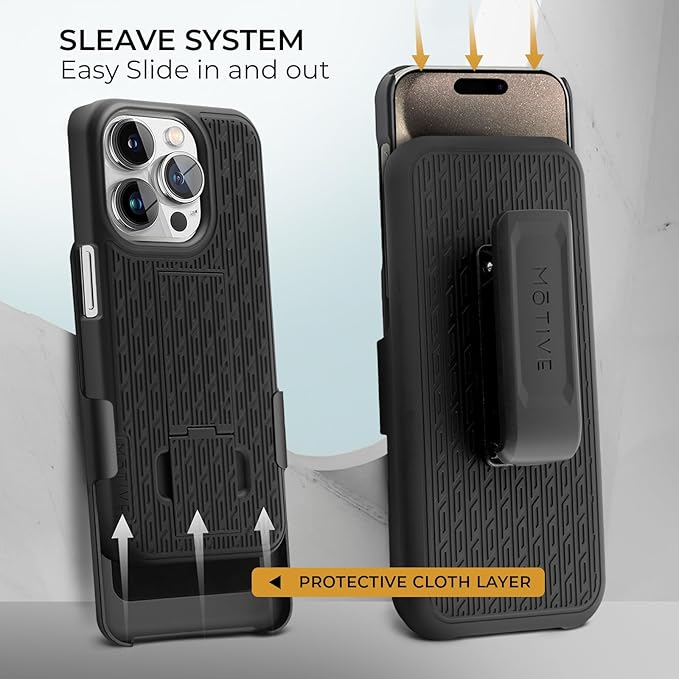 MOTIVE for iPhone 15 Pro Max Case with Belt Clip, Shell Holster Combo for Apple iPhone 15 Pro Max Holster, Slim Rugged Case, Drop Shockproof Protective Cover & Kickstand, 6.7 inch | Black
