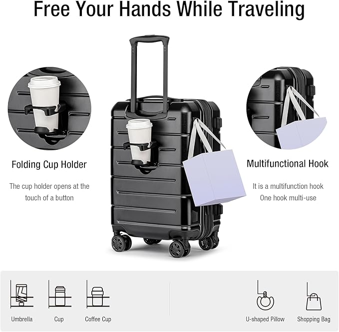 KYME Carry On Luggage 22x14x9 Airline Approved Expandable with Cup Holder 20 Inch Hardshell Carry-On Suitcase with Spinner Wheels TSA Lock Small Lightweight Travel Rolling Luggage Black