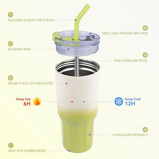 VEGOND 30 oz Insulated Stainless Steel Tumblers with lid and straw Bulk Pack Coffee Mug with Non-Slip Silicone Base, Sweat Proof Powder Coated Cup for Hot Cold Drinks, Green and Yellow 4Pack