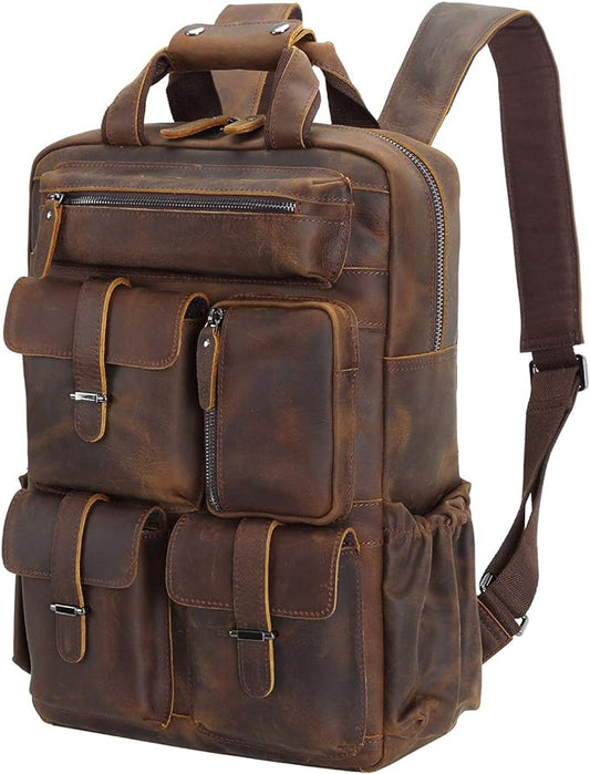 Polare Cowhide Leather Multiple Laptop Backpack Day Pack Travel Bag Satchel For Men