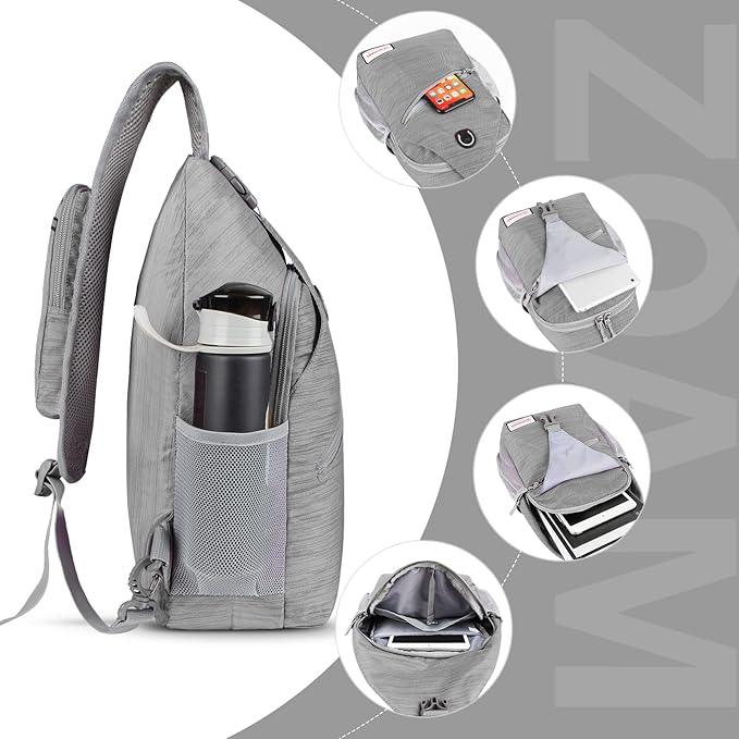 ZOMAKE Sling Bag,Small Crossbody Sling Backpack,Water Resistant Shoulder Daypack for Travel,Anti Thief Chest Bag for Hiking(Grey(Stripe))