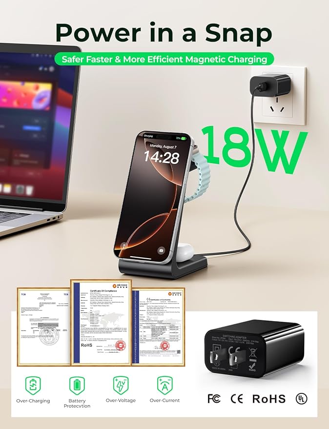 3 in 1 Wireless Charging Station for Apple Mag Safe Charger, 15W Fast Mag-Safe Charger Stand Compatible with iPhone 17 16 15 14 13 12, Apple Watch Charger & Airpods, Gifts for Wife & Husband, Black