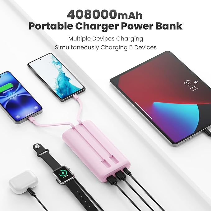 Portable Charger Power Bank 40,800mAh 25W Fast Charging USB C Portable Charger with 2 Built in Cables,5 Outputs & QC 4.0 Quick Phone Charging Battery Pack Compatible with iPhone 16/15/Android (Pink)