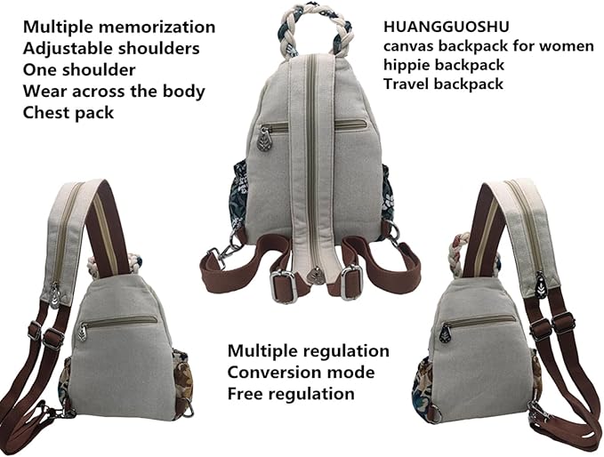 HUANGGUOSHU Women Cotton Woven Bohemian Hemp Boho Canvas Embroidery Multi Pocket Retro Cute Backpack Wallet Backpack（Lotus）