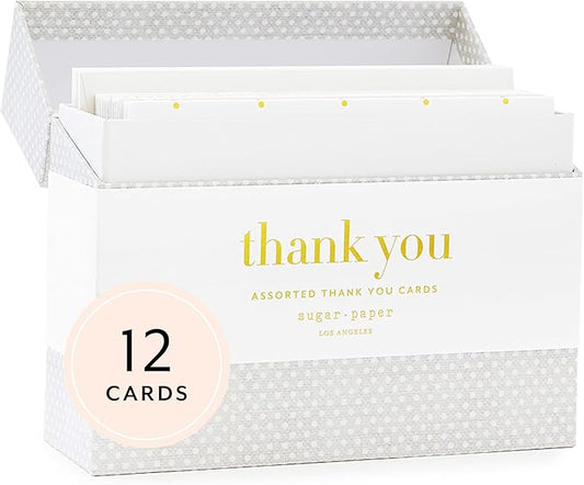 Sugar Paper Thank You Card Box, Greeting Assortment, Set of 12 Thank You Cards and Envelopes, Blank Inside, 6.25" x 2" x 5" Storage Box, 4.25" x 5.5"