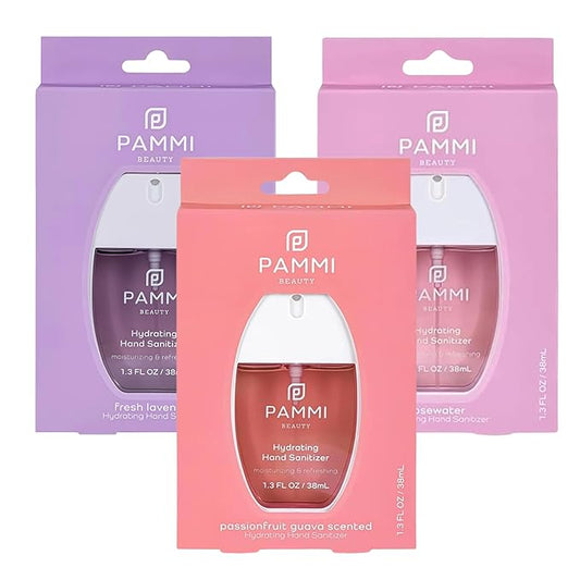 PAMMI Hand Sanitizer Spray Travel Size - Mini Scented Hand Sanitizer Spray Quicky Dry, Pocket Scented Hand Saniztier - 600-Sprays (3 Pack (Guava,Lavender, Rose))