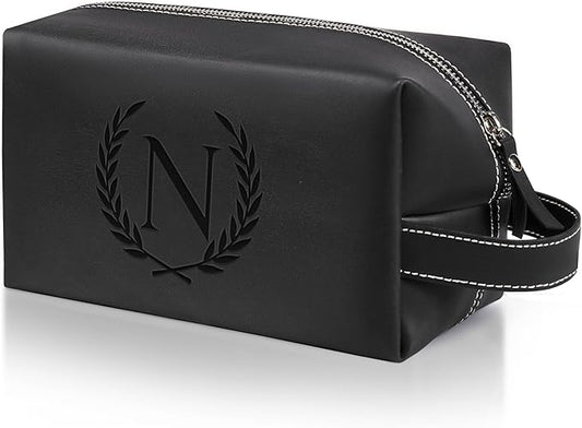 Personalized Gifts Travel Toiletry Bag for Men Engraved Initial PU Leather Waterproof Shaving Bag for Toiletries Accessories Fathers Day Birthday Gift for Men Dad Husband Son, Black N