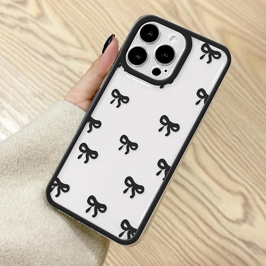 EYZUTAK Case for iPhone 14 Pro, Clear Cute Ribbon Bowknot Pattern Aesthetic Transparent Phone Case Raised Camera Protection Stylish Slim Soft Durable TPU Protective Cover for Women Girls - Black