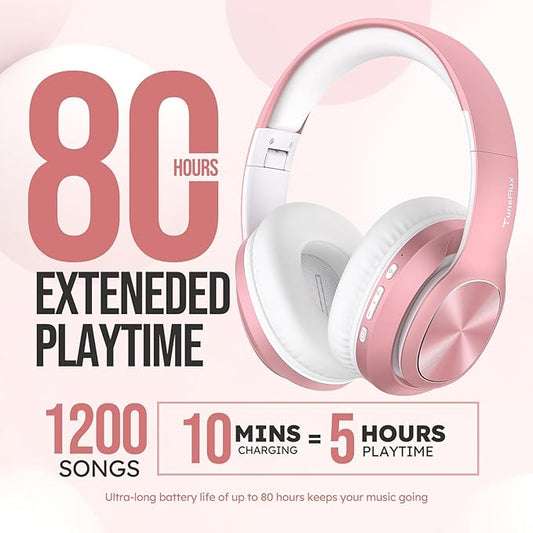 TuneFlux Wireless Bluetooth Headphones Over Ear, 80H Playtime, 3EQ Sound Modes, HiFi Stereo Headphones with Deep Bass, Foldable Bluetooth 5.3 Headsets for Smartphone/PC/Computer-Rose Gold