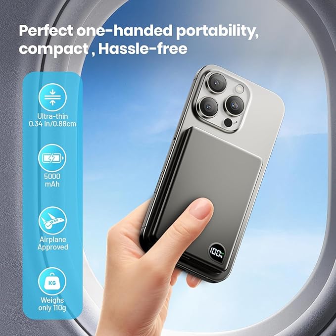 Portable Charger Power Bank, 5000mAh Ultra Slim Battery Bank with USB-C Cable & Digital Display, 22.5W Fast Charging Magnetic Battery Pack for iPhone 16/15/14/13 Series, Samsung & Android(Gray)
