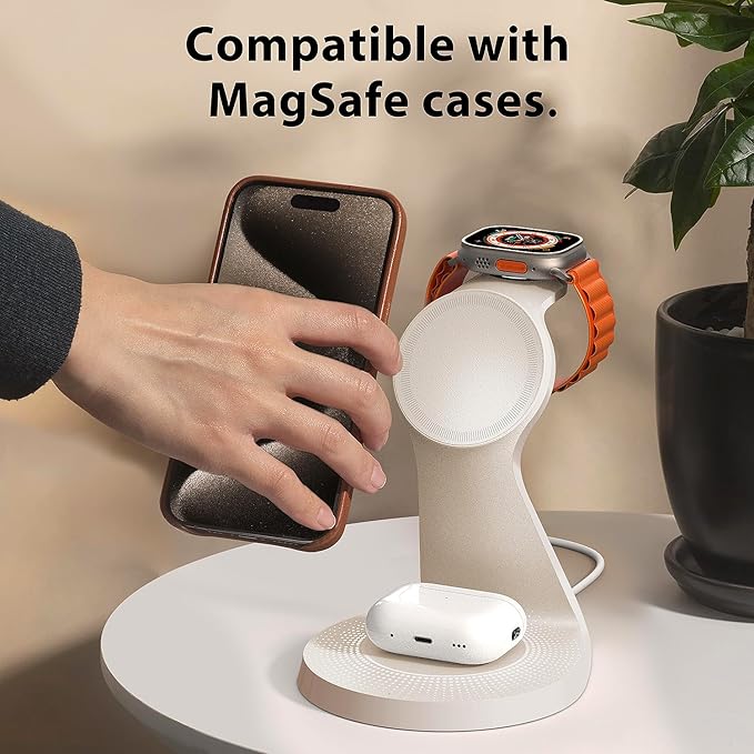 3 in 1 Charging Station for Apple Devices,Mag-Safe Charger Stand Fast Charging,Wireless Charger for iPhone 16/15/14/13/12 Series,& AirPods,& iWatch(USB Charger Included)