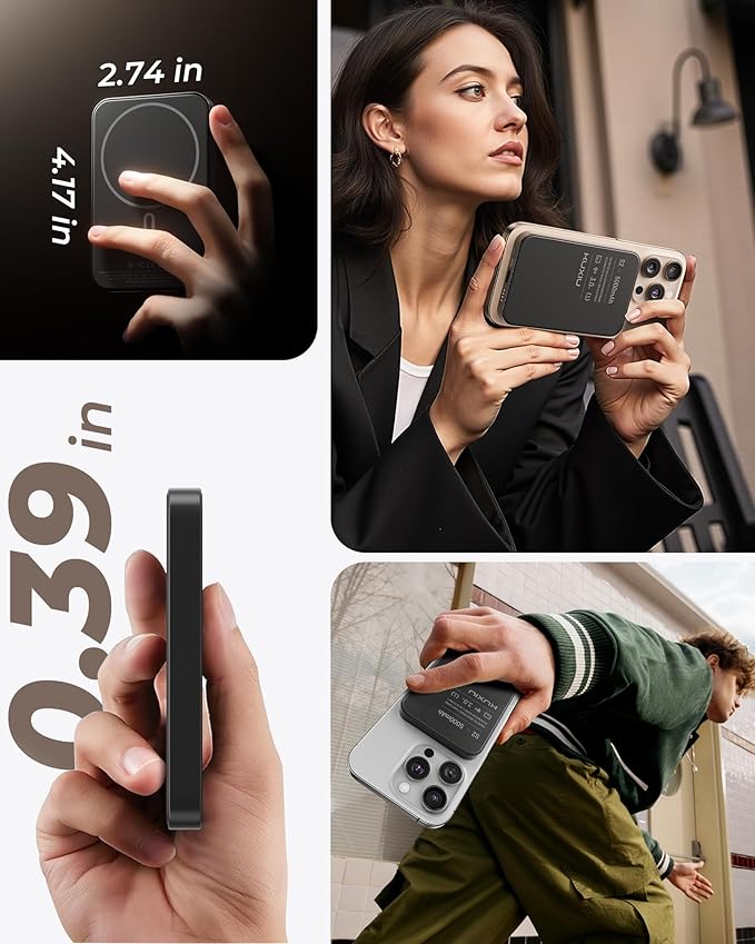 Solid-State Portable Charger for Mag-Safe, 0.39" Ultra Slim Qi2-Certified 15W Magnetic Wireless Power Bank, 5000mAh 20W Fast Charging Battery Pack for iPhone 16/15/14/13/12 Series-Black