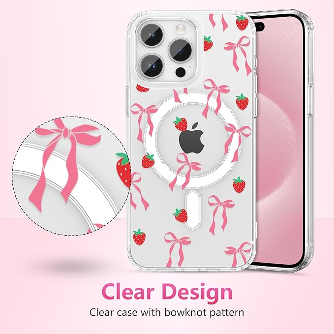 ZTOFERA for iPhone 14 Pro Magnetic Case Clear,Cute Love Heart Ribbon Bow Tie Aesthetic Phone Case,Transparent Trendy Slim Soft Shockproof Protective Phone Cover for Women Girls,Blush