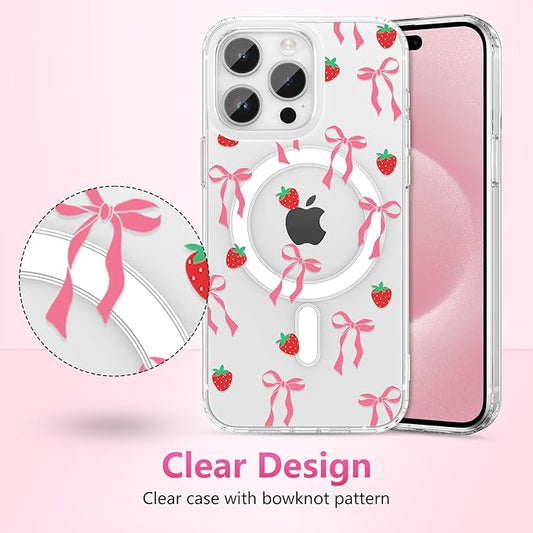 ZTOFERA for iPhone 16 Pro Max Magnetic Case Clear,Cute Love Heart Ribbon Bow Tie Aesthetic Phone Case,Transparent Trendy Slim Soft Shockproof Protective Phone Cover for Women Girls,Blush