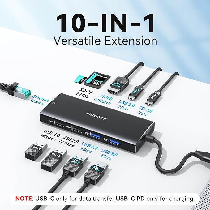 ABIWAZY USB C Hub Ethernet for MacBook Pro/Air, 10 in 1 USB C Multiport Adapter with 4K HDMI, Ethernet Gigabit, 100W PD, USB-C Data Port and SD/TF Slot for Dell XPS, iMac, iPad Pro, Galaxy (Black)