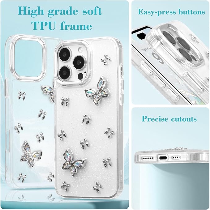 EYZUTAK Case for iPhone 17 Pro Max, Bling Glitter 3D Butterflies Bowknot Phone Case Cute Crystal Clear Bow Aesthetic Cover Slim Soft Durable TPU Transparent Protective Cover for Women Girls -Butterfly