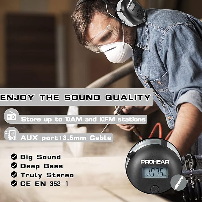 PROHEAR AM FM Digital Ear Protection 25dB NRR Audio Headphones, Noise Reduction Hearing Protection Earmuffs for Lawn Mowing, Workshops, Snowblowing Indoor Outdoor Construction Work - Grey
