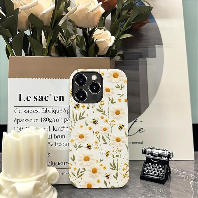 Case for iPhone 15 Pro Case,Bees Sunflowers Design - Hybrid Dual Protection Silicone + Hard PC Shockproof Full Body Cover Slim Anti-Scratch Protective Case for Men Women