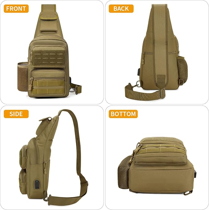 HUNTVP Tactical Sling Bag Crossbody Bag for Men Women EDC Shoulder Bags Molle Sling Backpack Chest Pack for Hiking Hunting Travelling Camping (Type3-Brown)