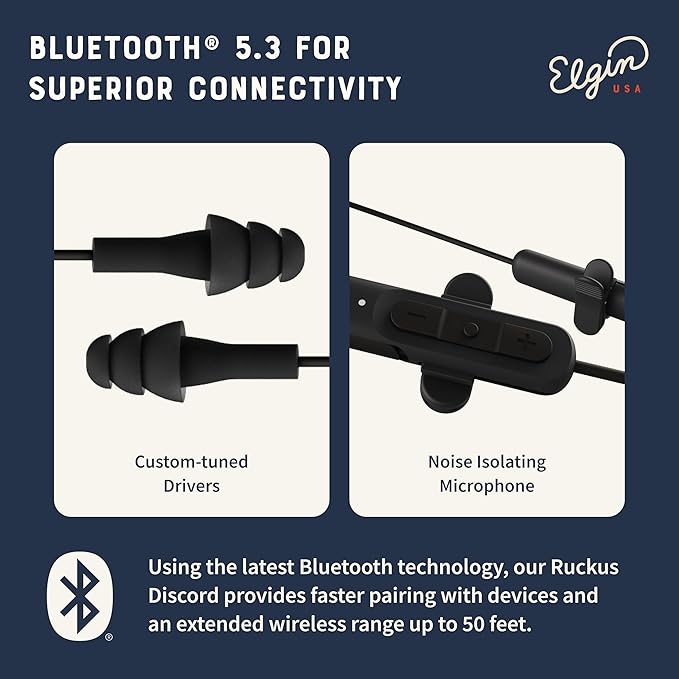 Elgin Ruckus Wireless Bluetooth Earplug Headphones, 25 dB Noise Reduction Ear Plug Earbuds, Noise Cancelling Mic, 12 Hour Battery, IP65 sweatproof, OSHA Compliant Hearing Protection, Work Safety