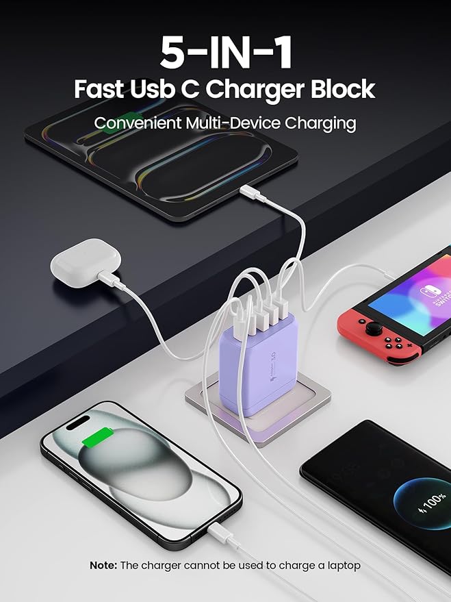 USB C Charger Block,EIZLXQ [2-Pack] Type C Charger Fast Charging,50W 5-Port USB Wall Chargers Multiport Type C Charging Block Cube for iPhone 16 15 14 13 12 11 Pro Max XS,iPad,Samsung&More-Purple