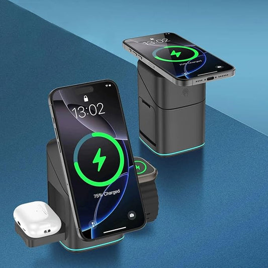 3-in-1 Qi2 Wireless Charger for iPhone/iWatch/AirPods | 15W Fast Charging with Auto-Align Magnetic Design | Smart LED Light & 180°Rotation | Premium Aluminum Alloy (Black)