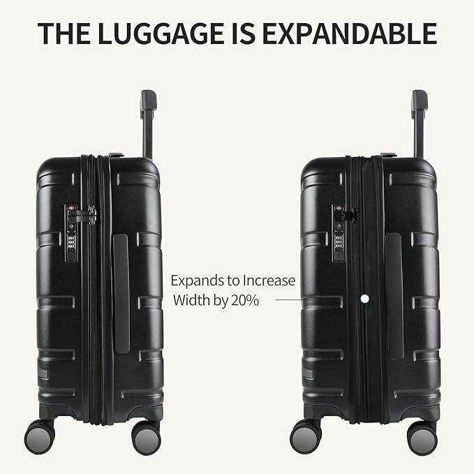 VANKEAN Carry On Luggage with Spinner Wheels & TSA Lock, Expandable Fashionable Hard Shell Suitcase airline approved，20 Inch Carry-On，Black