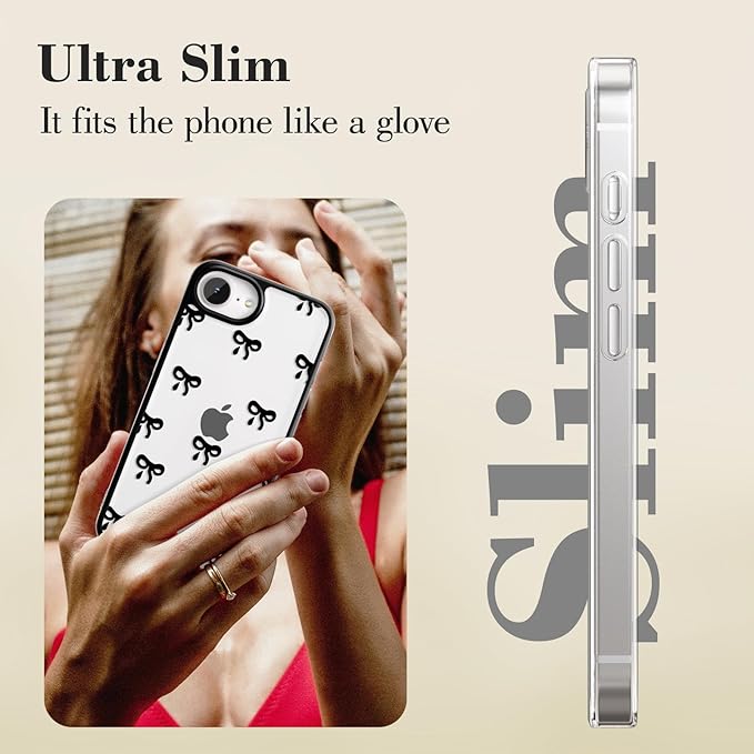 EYZUTAK Case for iPhone 16e, Clear Cute Ribbon Bowknot Pattern Aesthetic Transparent Phone Case Raised Camera Protection Stylish Slim Soft Durable TPU Protective Cover for Women Girls - Black