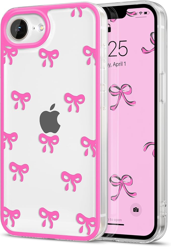 EYZUTAK Case for iPhone 16e, Clear Cute Ribbon Bowknot Pattern Aesthetic Transparent Phone Case Raised Camera Protection Stylish Slim Soft Durable TPU Protective Cover for Women Girls - Rose Red