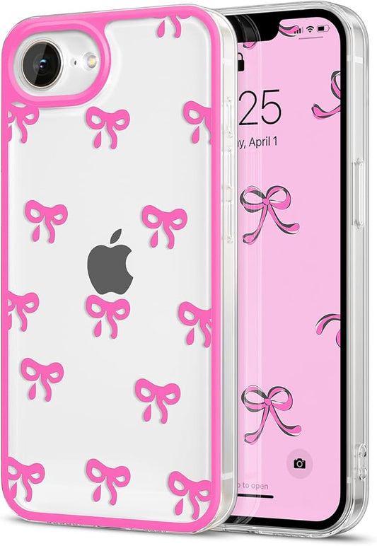 EYZUTAK Case for iPhone 16e, Clear Cute Ribbon Bowknot Pattern Aesthetic Transparent Phone Case Raised Camera Protection Stylish Slim Soft Durable TPU Protective Cover for Women Girls - Rose Red