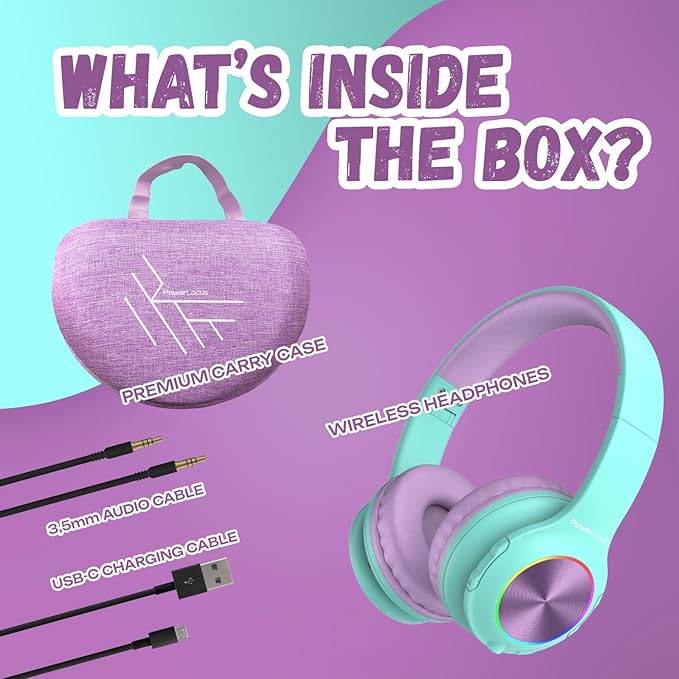 PowerLocus PLED Kids Bluetooth Headphones, Kids Wireless Headphones with LED Lights, 74/85/94dB Safe Volume, Micro SD, AUX Cable, Hi-Fi Stereo, Built-in Mic Over Ear Kid Headphone for Travel/Tablet/PC