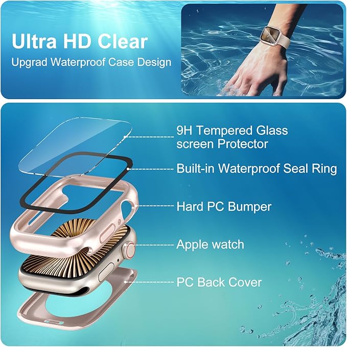3 in 1 Waterproof Case for Apple Watch Screen Protector 44mm Series 4/5/6/SE/SE2/SE3(2025),with Tempered Glass 360° Protective Front and Back PC Bumper Cover Compatible iWatch 44mm