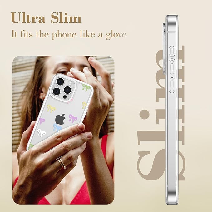EYZUTAK Case for iPhone 13 Pro Max, Clear Cute Ribbon Bowknot Pattern Aesthetic Transparent Phone Case Raised Camera Protection Stylish Slim Soft Durable TPU Protective Cover for Women Girls -Colorful