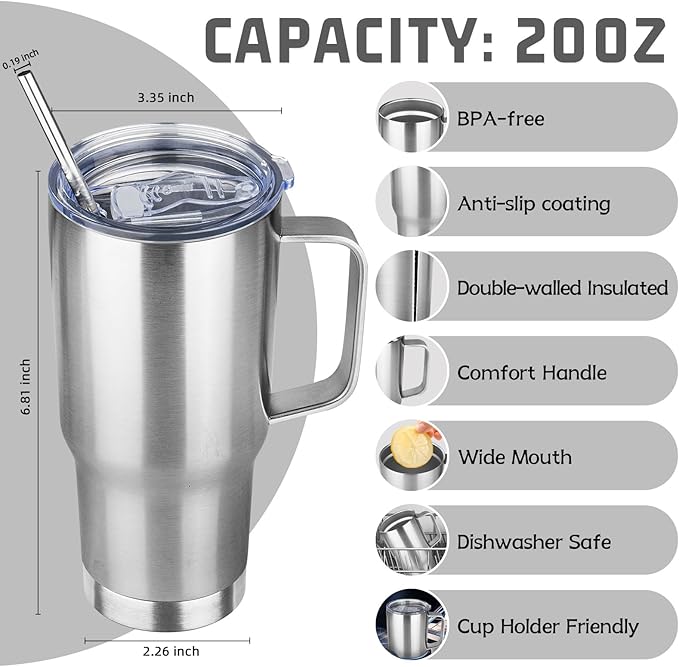 20 oz Tumbler with Handle Stainless Steel Insulated Coffee Mug Tumbler with Lid and Straw Double Wall Vacuum Insulated Coffee Mug Leak Proof Travel Mug Tumbler for Hot and Cold Drink (Silver,1pack)