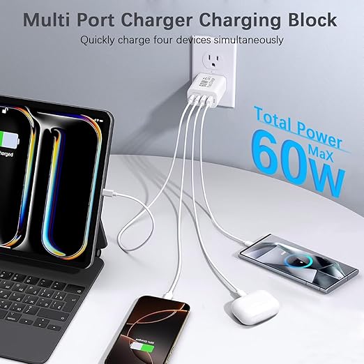 60W USB C Charger Block,2Pack 4-Port GaN USB C Charger Fast Charging Wall Plug Dual Type C+Dual USB-A Port,Multiport Power Adapter Cube for iPhone 17 Pro Max/16e/15/14/13/12/11,iPad Pro/Air/Mini