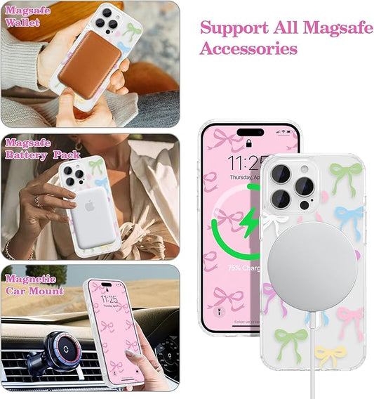 UEEBAI Magnetic for iPhone 16 Pro Max Case, Bow Case Compatible with MagSafe, Wireless Slim Clear Ribbon Aesthetic Phone Cover Anti-Yellowing Shockproof Protective Cover for Women Girl - Colorful