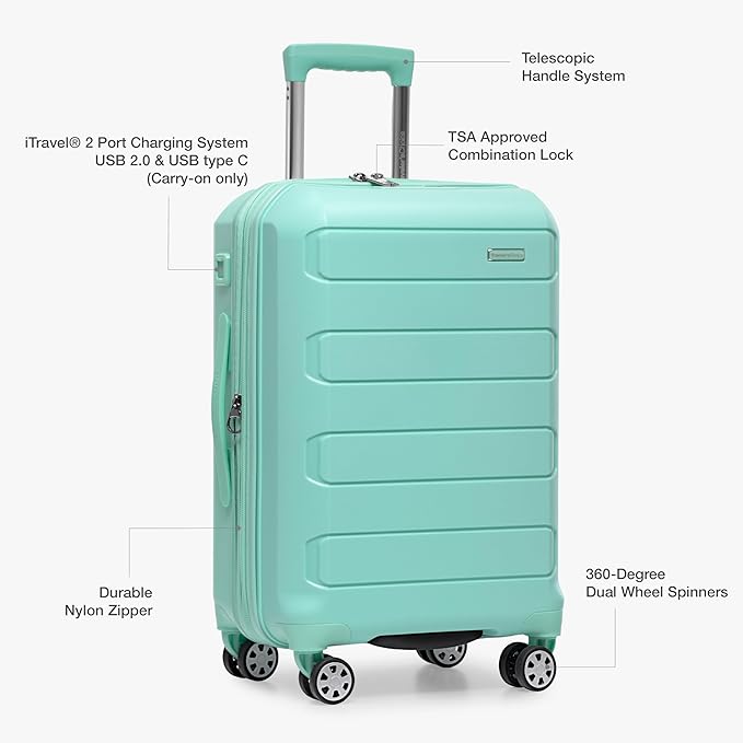 Traveler's Choice Pagosa Indestructible Hardshell Expandable Spinner Luggage, Mint, 2-Piece Set (22/26)