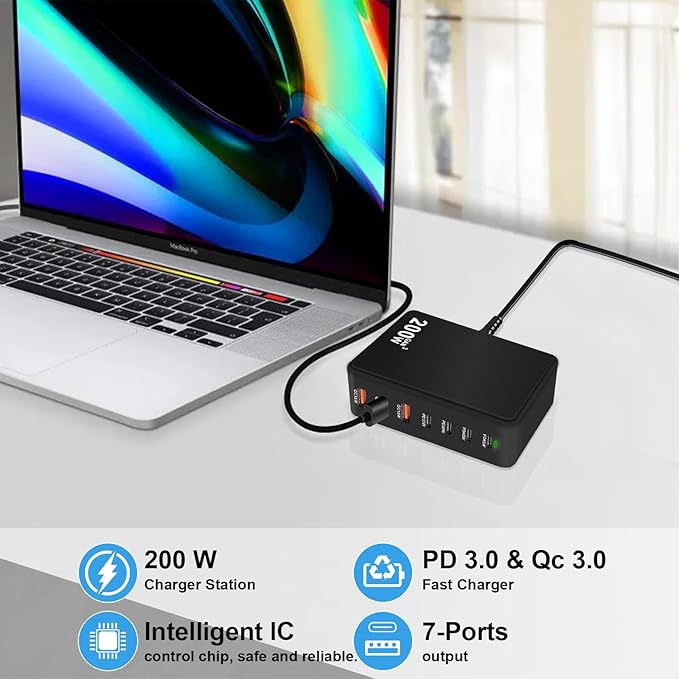 USB C Charger Block 200W 7 Port Fast Charging Station, PD 45W Laptop Charger Brick Adapter Compatible with MacBook Pro/Air,DELL,Steam Deck,iPhone 16/15/14,Galaxy S23/22 (Black)