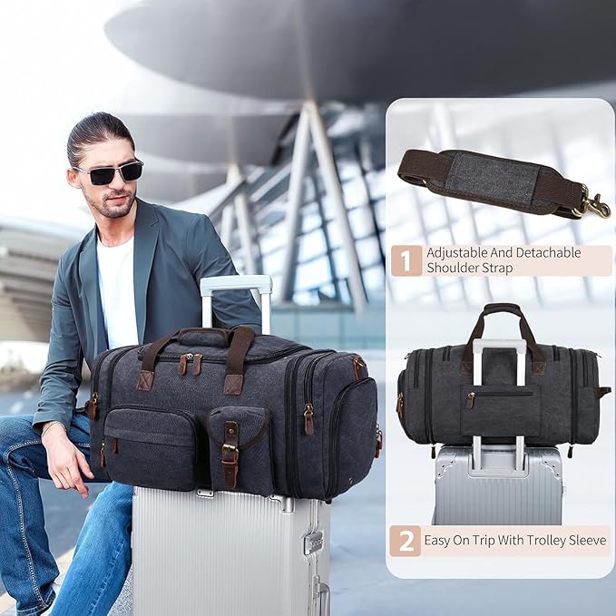 Mens Duffle Bag for Travel 60L Expandable Canvas Weekender Overnight Travel Duffel Bag with Shoe Compartment Carry-On for Airplanes Dark Gray