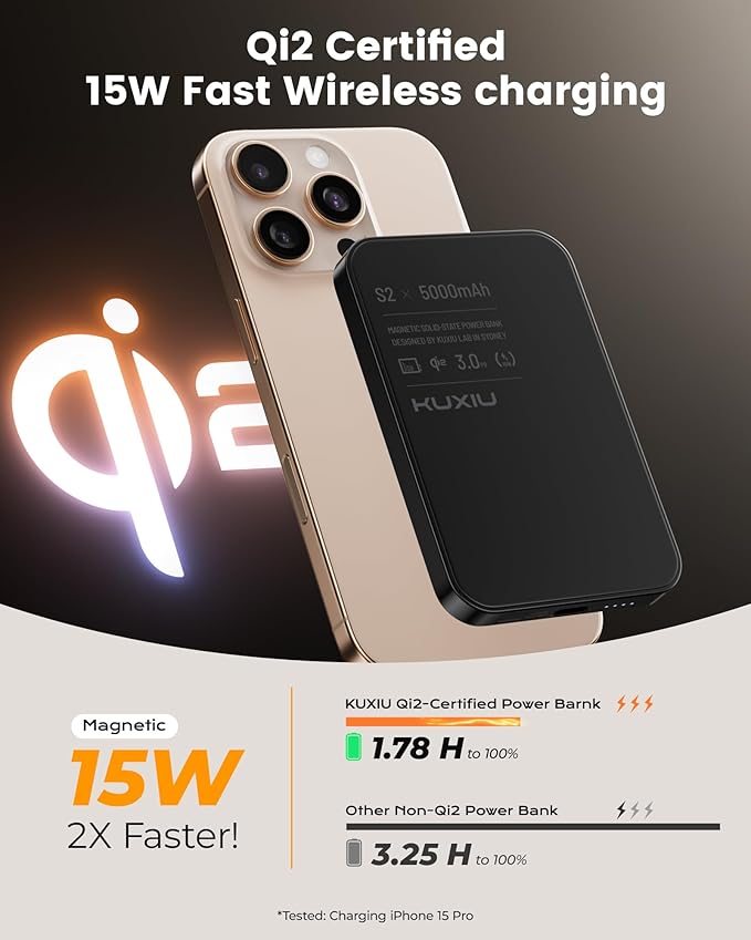Solid-State Portable Charger for Mag-Safe, 0.39" Ultra Slim Qi2-Certified 15W Magnetic Wireless Power Bank, 5000mAh 20W Fast Charging Battery Pack for iPhone 16/15/14/13/12 Series-Black