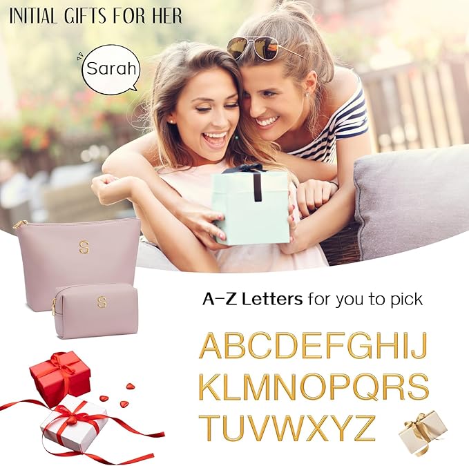 Women Gifts | Initial Makeup Bag Set for Girl Personalized Gifts for Bridesmaid Friend Graduation Teachers PU Leather Cosmetic Travel Toiletry Bag(Pink,H)