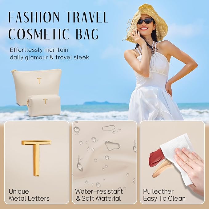 Women Gifts | Initial Makeup Bag Set for Girl Personalized Gifts for Bridesmaid Friend Graduation Teachers PU Leather Cosmetic Travel Toiletry Bag(Beige,T)