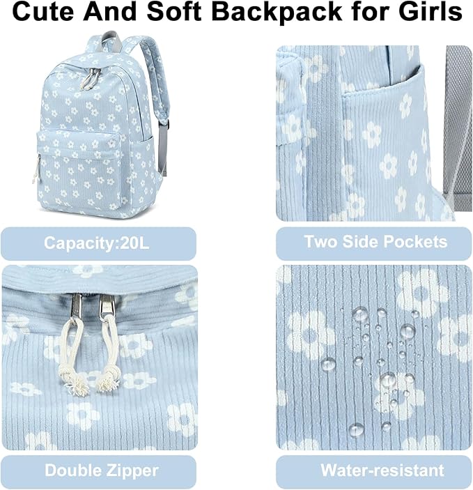 School Backpack for Teens Large Corduroy Bookbag Lightweight 15.6 inch Laptop Bag for Girls Women Casual High School College