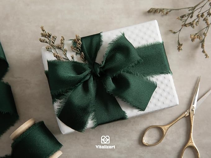 Vitalizart Silk Satin Ribbon 1 Inch x 15 Yard Wooden Spool Dark Green Handmade Frayed Ribbon for Gift Wrapping Baby Shower Wedding Bridal Bouquets Holiday Decor 3 Rolls x 5 Yard