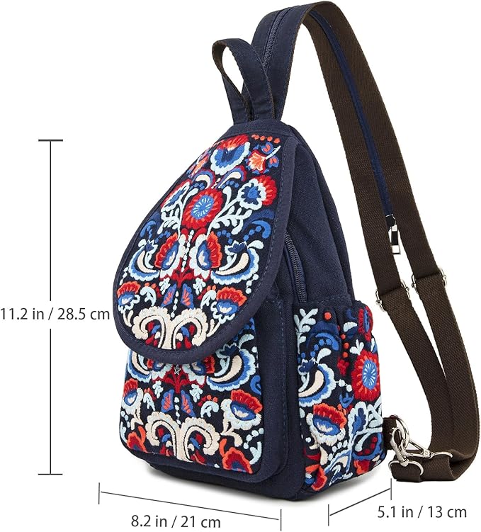 SILKAREA Vintage Embroidered Floral Ethnic Backpack for Women Handbag Shoulder Bag Mini Travel Purse (Embroidered Blue)